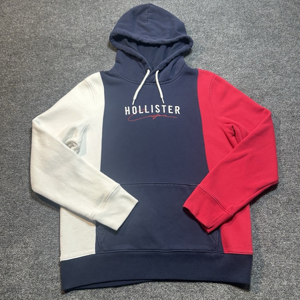 Hollister Colorblock Fleece Pullover Hoodie Blue White Red Cotton Blend Size M
